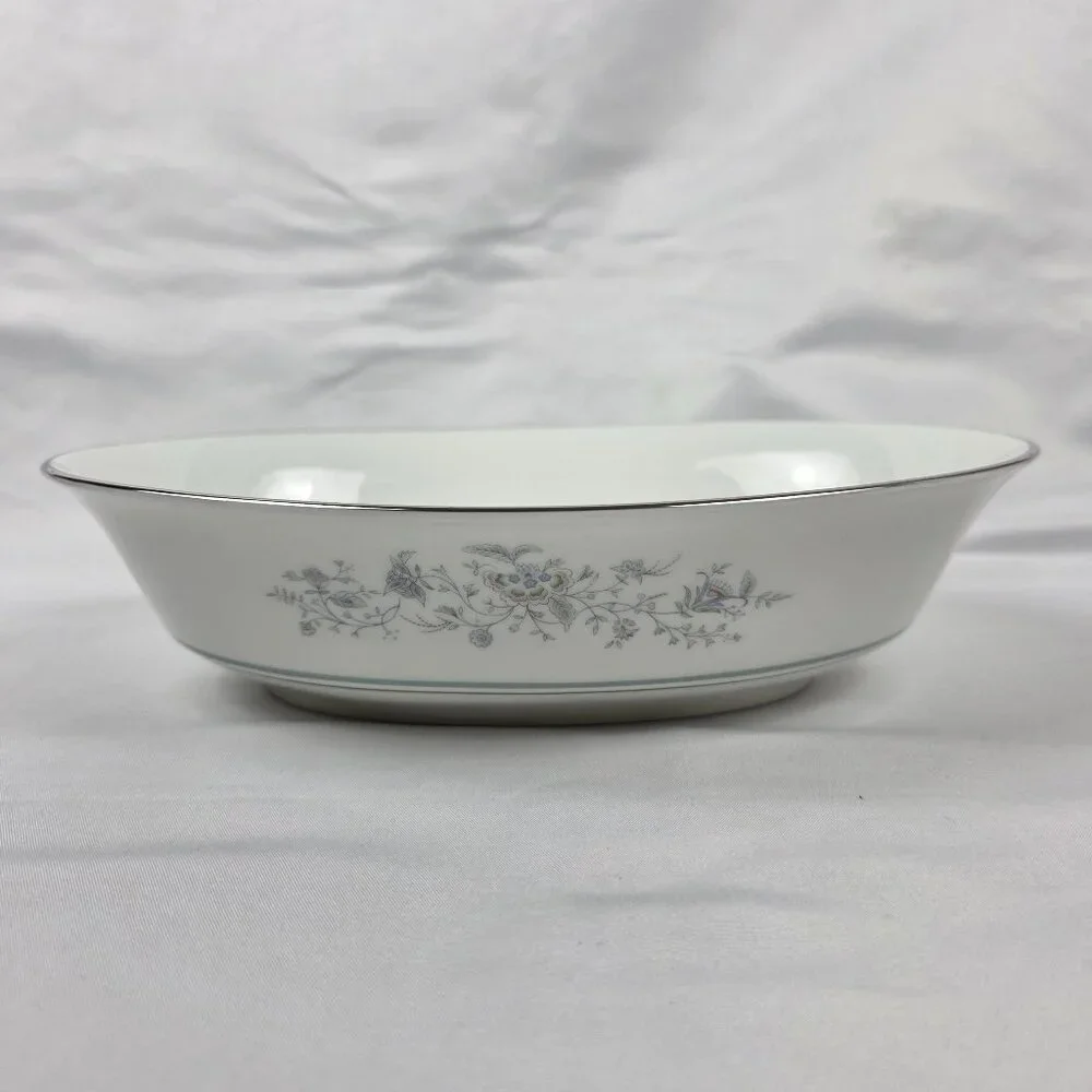 Oxford China Spring 10 Inch Oval Serving Bowl Multicolor Floral Rim Aqua Band